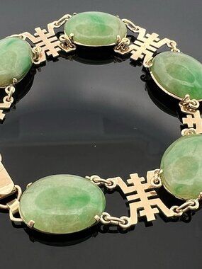 Vintage 14K Yellow Gold Jadeite Jade 5 Cabochon Bracelet 7” Estate